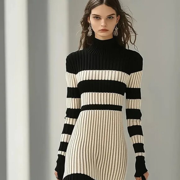 French High Neck Striped Dress Black & White - Picture 3 of 3